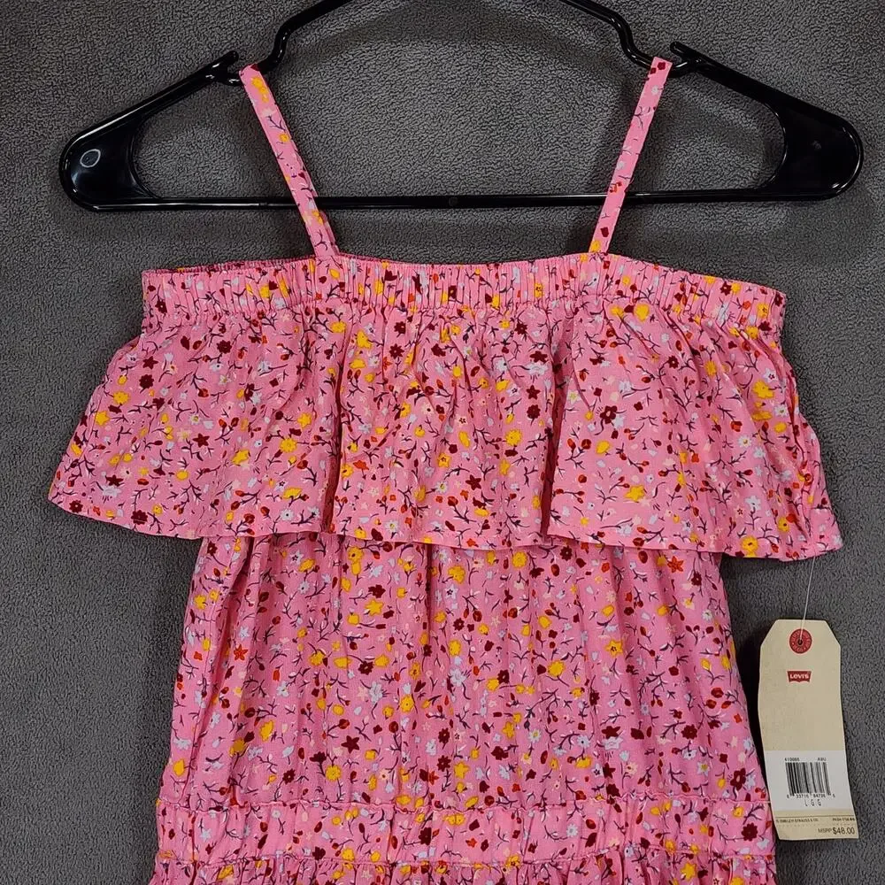 Levis Ruffle Dress L Kids Girl Cold Shoulder Floral Pink Tiered Midi 12-13yr NEW